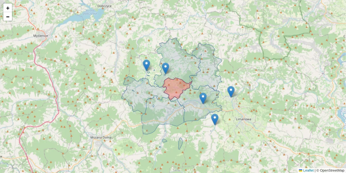 Szczegółowa mapa kodu pocztowego 34-617 z granicami, sąsiednimi kodami pocztowymi i urzędami pocztowymi