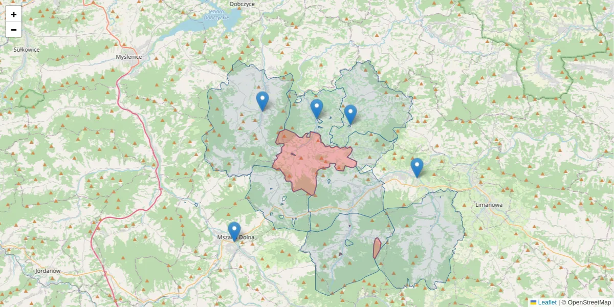 Szczegółowa mapa kodu pocztowego 34-625 z granicami, sąsiednimi kodami pocztowymi i urzędami pocztowymi