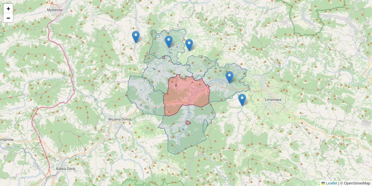 Szczegółowa mapa kodu pocztowego 34-642 z granicami, sąsiednimi kodami pocztowymi i urzędami pocztowymi
