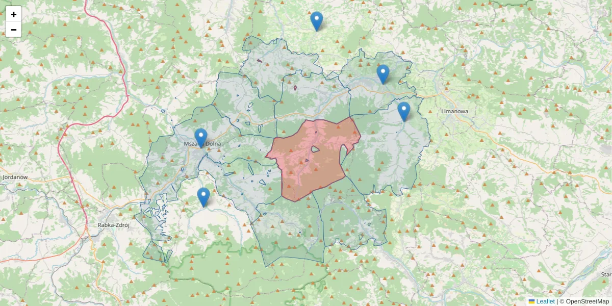 Szczegółowa mapa kodu pocztowego 34-643 z granicami, sąsiednimi kodami pocztowymi i urzędami pocztowymi