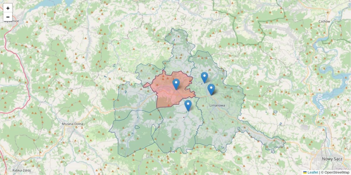 Szczegółowa mapa kodu pocztowego 34-650 z granicami, sąsiednimi kodami pocztowymi i urzędami pocztowymi
