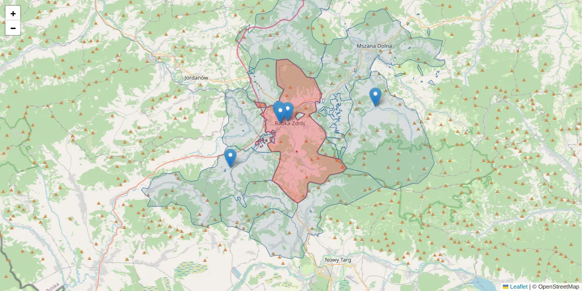 Szczegółowa mapa kodu pocztowego 34-700 z granicami, sąsiednimi kodami pocztowymi i urzędami pocztowymi