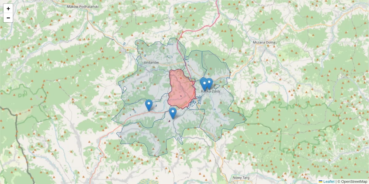 Szczegółowa mapa kodu pocztowego 34-713 z granicami, sąsiednimi kodami pocztowymi i urzędami pocztowymi