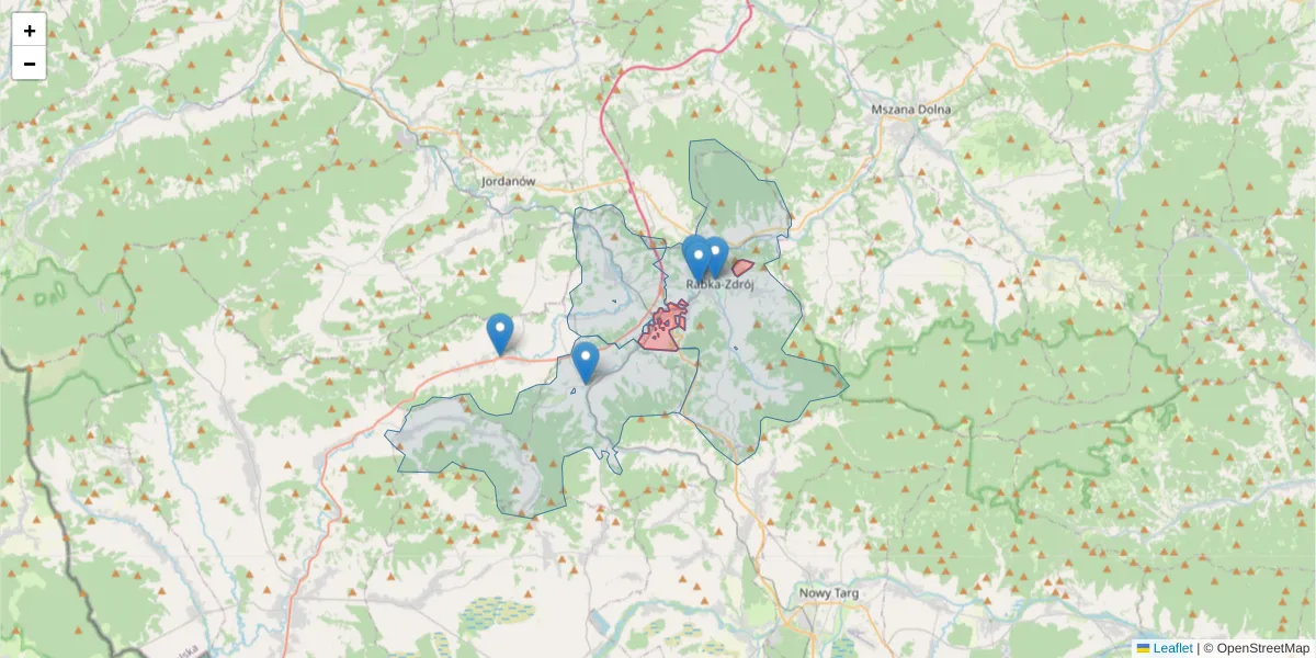 Szczegółowa mapa kodu pocztowego 34-720 z granicami, sąsiednimi kodami pocztowymi i urzędami pocztowymi
