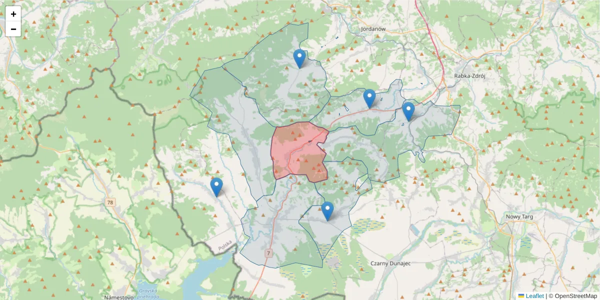 Szczegółowa mapa kodu pocztowego 34-722 z granicami, sąsiednimi kodami pocztowymi i urzędami pocztowymi