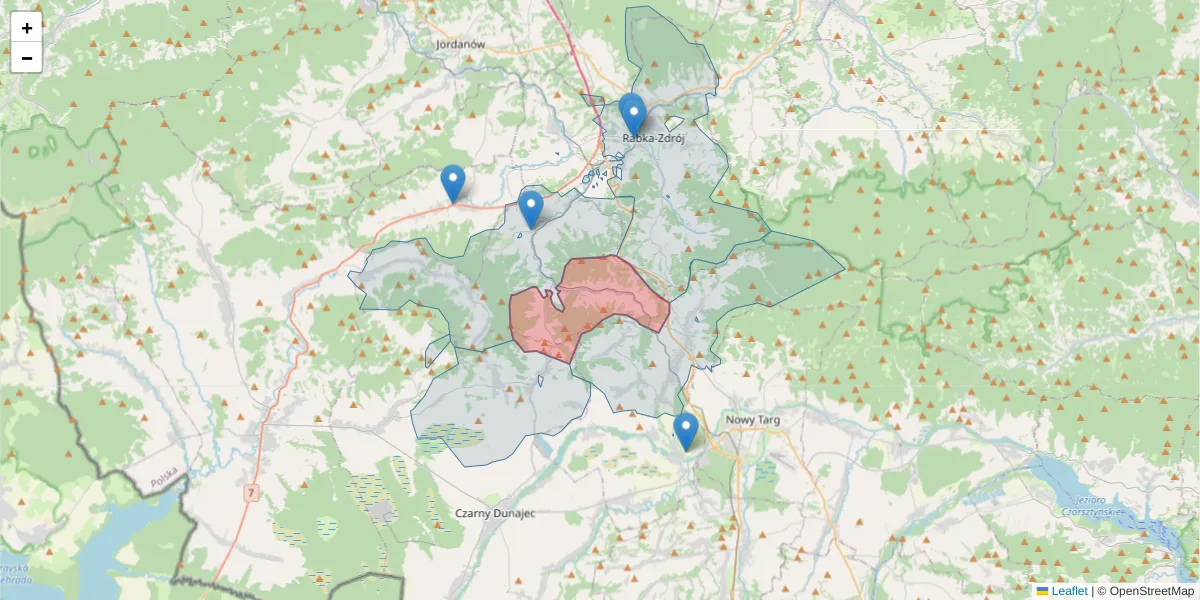Szczegółowa mapa kodu pocztowego 34-723 z granicami, sąsiednimi kodami pocztowymi i urzędami pocztowymi