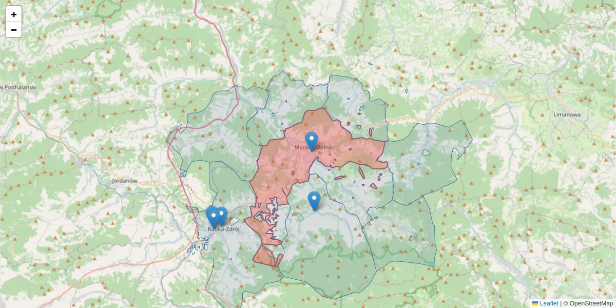 Szczegółowa mapa kodu pocztowego 34-730 z granicami, sąsiednimi kodami pocztowymi i urzędami pocztowymi