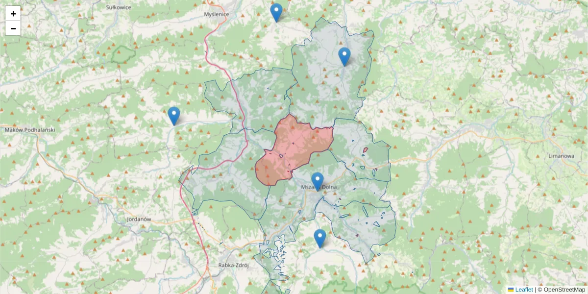 Szczegółowa mapa kodu pocztowego 34-734 z granicami, sąsiednimi kodami pocztowymi i urzędami pocztowymi