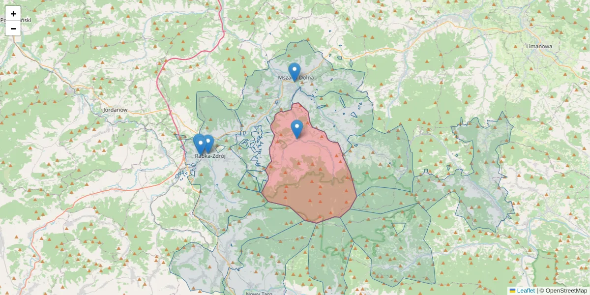 Szczegółowa mapa kodu pocztowego 34-735 z granicami, sąsiednimi kodami pocztowymi i urzędami pocztowymi