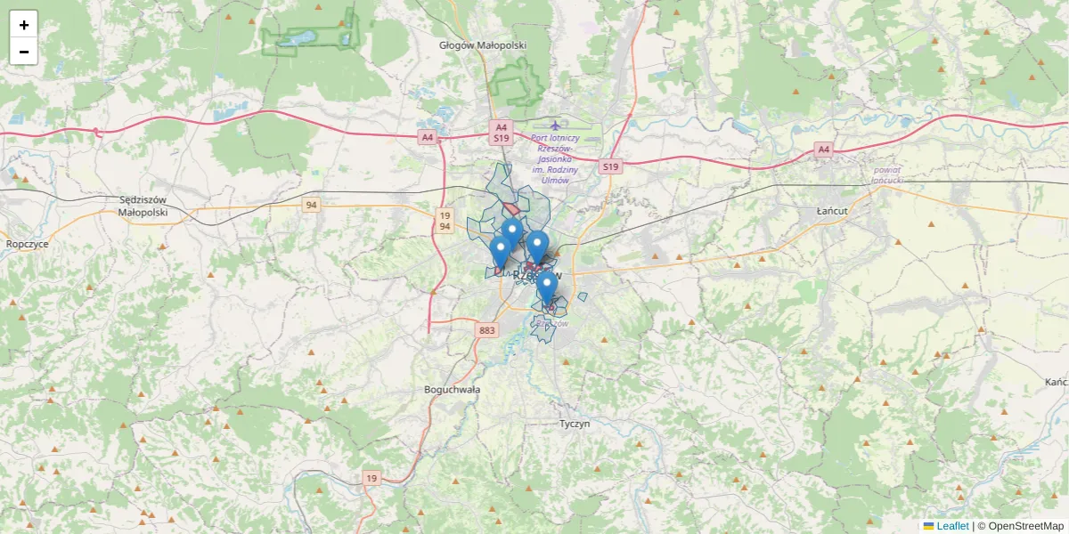 Szczegółowa mapa kodu pocztowego 35-001 z granicami, sąsiednimi kodami pocztowymi i urzędami pocztowymi