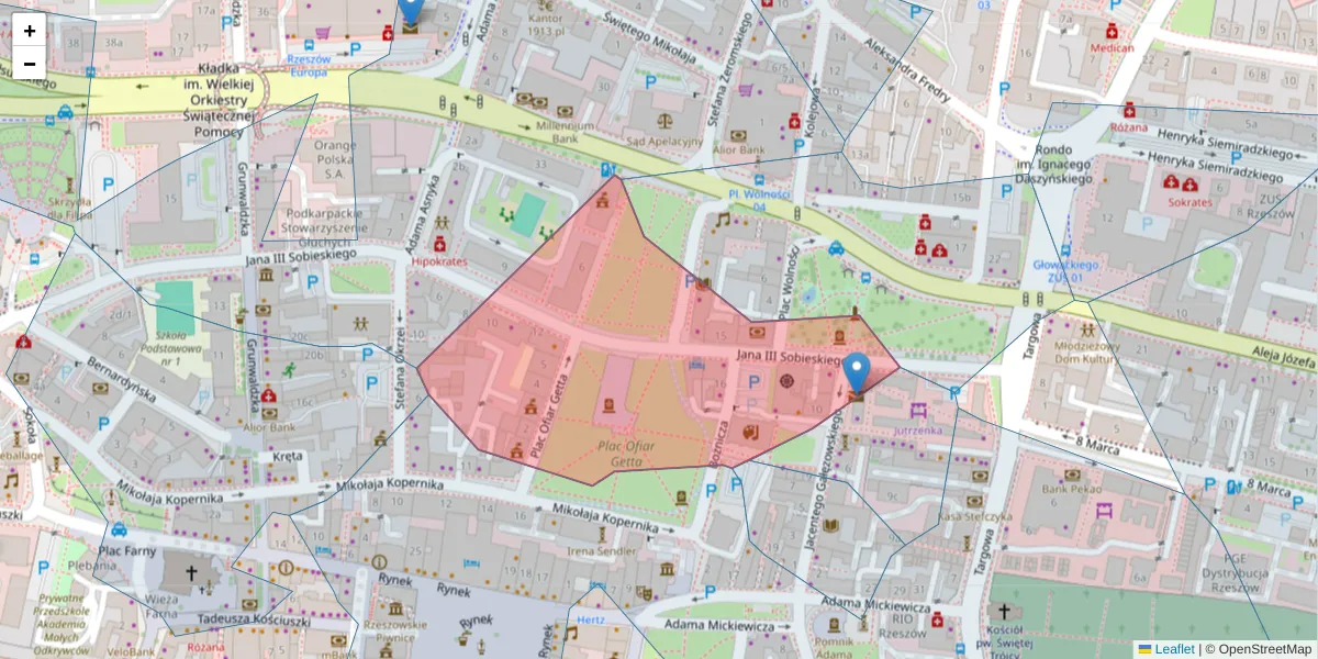 Szczegółowa mapa kodu pocztowego 35-002 z granicami, sąsiednimi kodami pocztowymi i urzędami pocztowymi