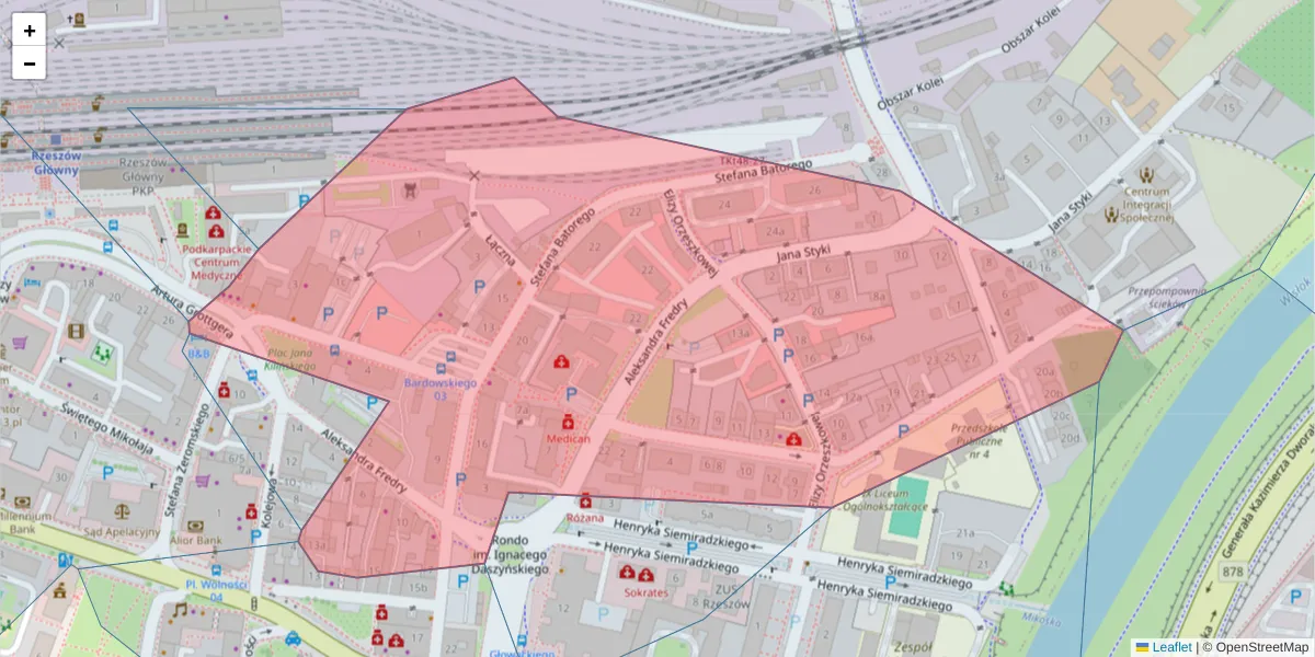 Szczegółowa mapa kodu pocztowego 35-005 z granicami, sąsiednimi kodami pocztowymi i urzędami pocztowymi