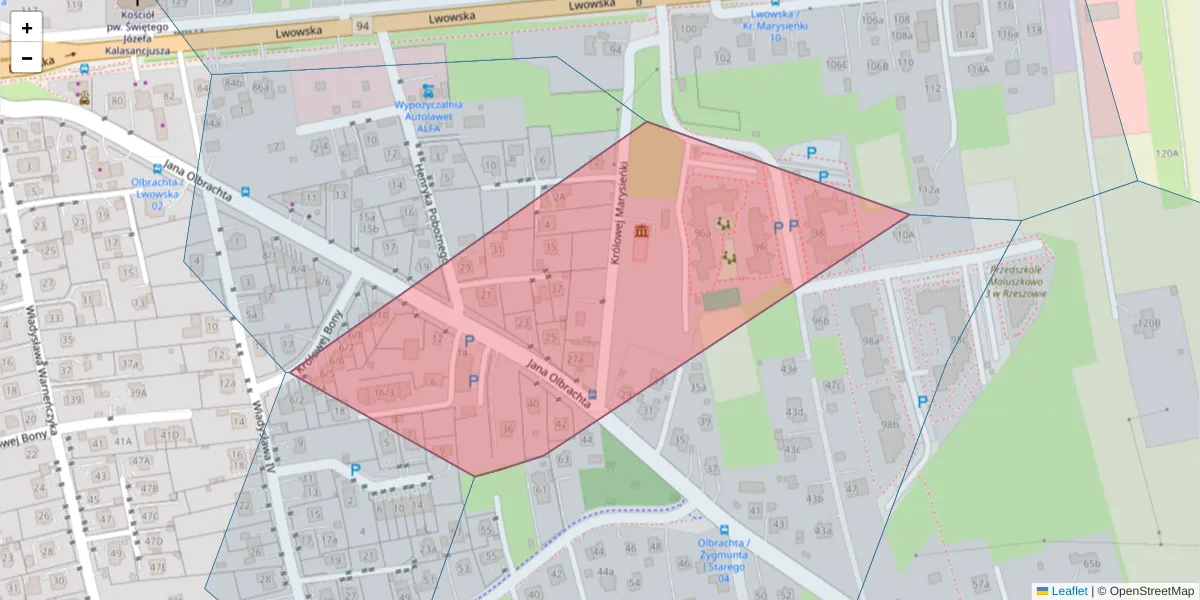 Szczegółowa mapa kodu pocztowego 35-006 z granicami, sąsiednimi kodami pocztowymi i urzędami pocztowymi