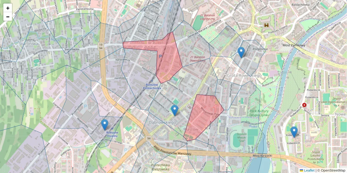 Szczegółowa mapa kodu pocztowego 35-021 z granicami, sąsiednimi kodami pocztowymi i urzędami pocztowymi