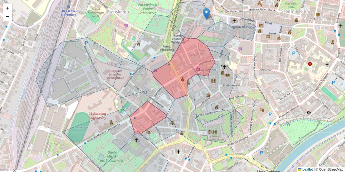 Szczegółowa mapa kodu pocztowego 35-025 z granicami, sąsiednimi kodami pocztowymi i urzędami pocztowymi