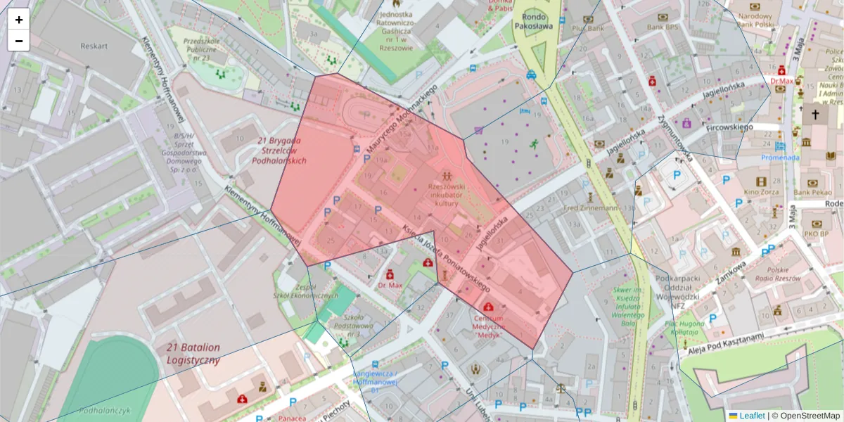 Szczegółowa mapa kodu pocztowego 35-026 z granicami, sąsiednimi kodami pocztowymi i urzędami pocztowymi