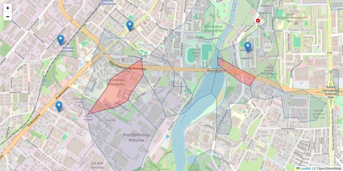 Szczegółowa mapa kodu pocztowego 35-029 z granicami, sąsiednimi kodami pocztowymi i urzędami pocztowymi