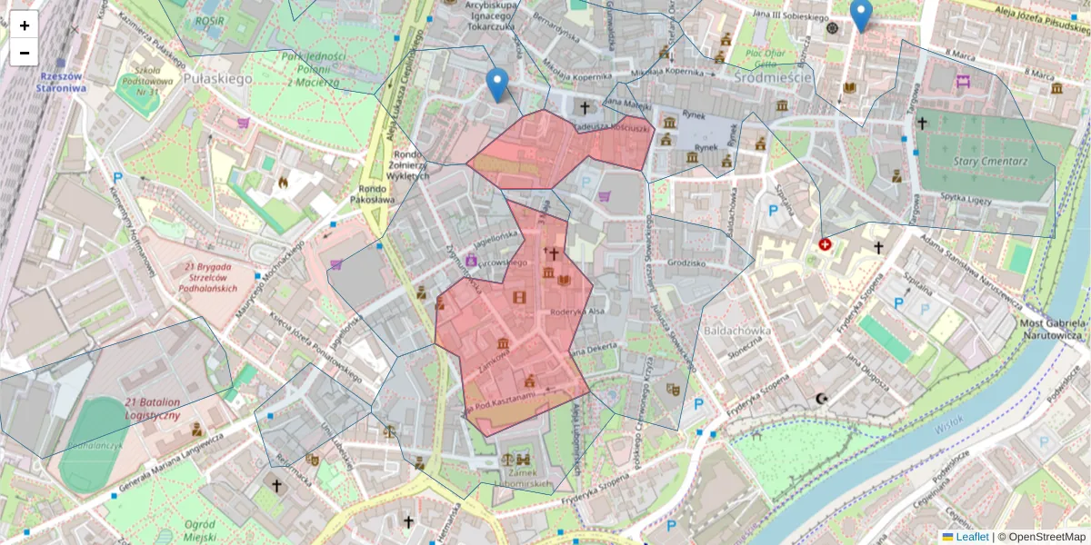 Szczegółowa mapa kodu pocztowego 35-030 z granicami, sąsiednimi kodami pocztowymi i urzędami pocztowymi