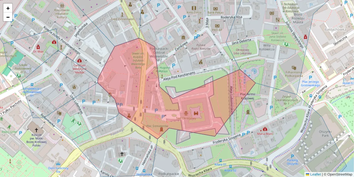 Szczegółowa mapa kodu pocztowego 35-032 z granicami, sąsiednimi kodami pocztowymi i urzędami pocztowymi