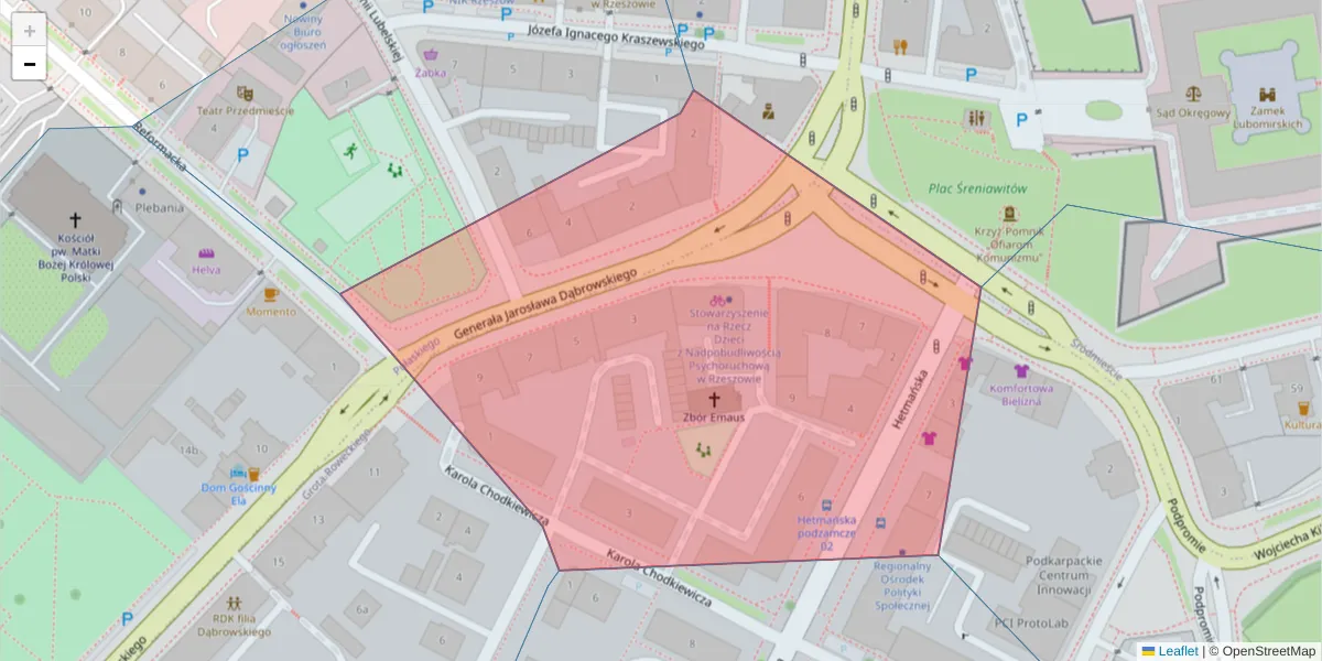 Szczegółowa mapa kodu pocztowego 35-033 z granicami, sąsiednimi kodami pocztowymi i urzędami pocztowymi