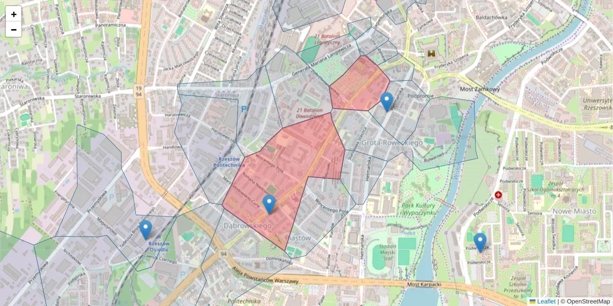 Szczegółowa mapa kodu pocztowego 35-036 z granicami, sąsiednimi kodami pocztowymi i urzędami pocztowymi