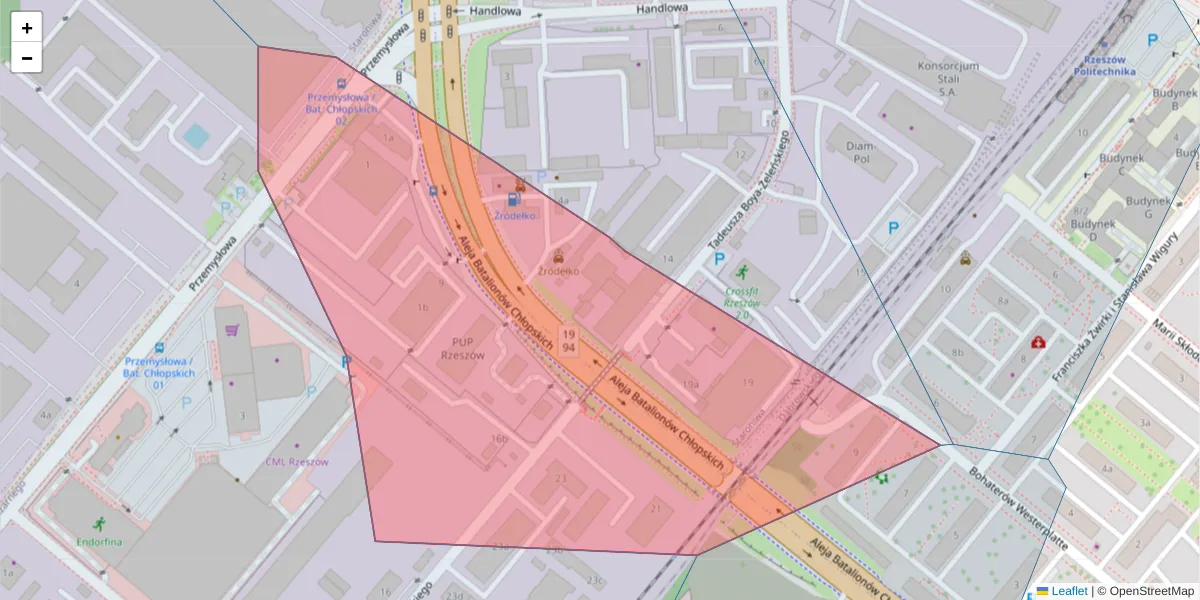 Szczegółowa mapa kodu pocztowego 35-038 z granicami, sąsiednimi kodami pocztowymi i urzędami pocztowymi