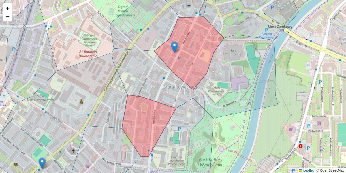 Szczegółowa mapa kodu pocztowego 35-045 z granicami, sąsiednimi kodami pocztowymi i urzędami pocztowymi