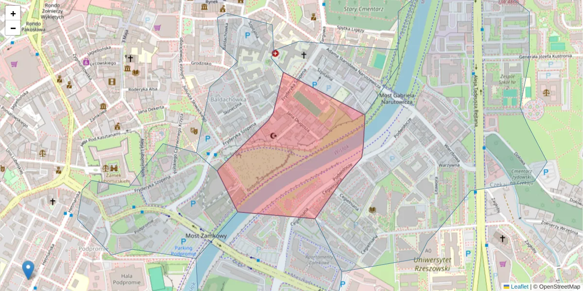 Szczegółowa mapa kodu pocztowego 35-056 z granicami, sąsiednimi kodami pocztowymi i urzędami pocztowymi
