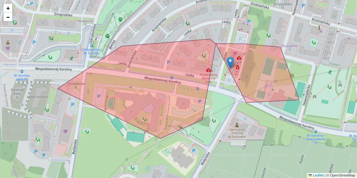 Szczegółowa mapa kodu pocztowego 35-059 z granicami, sąsiednimi kodami pocztowymi i urzędami pocztowymi