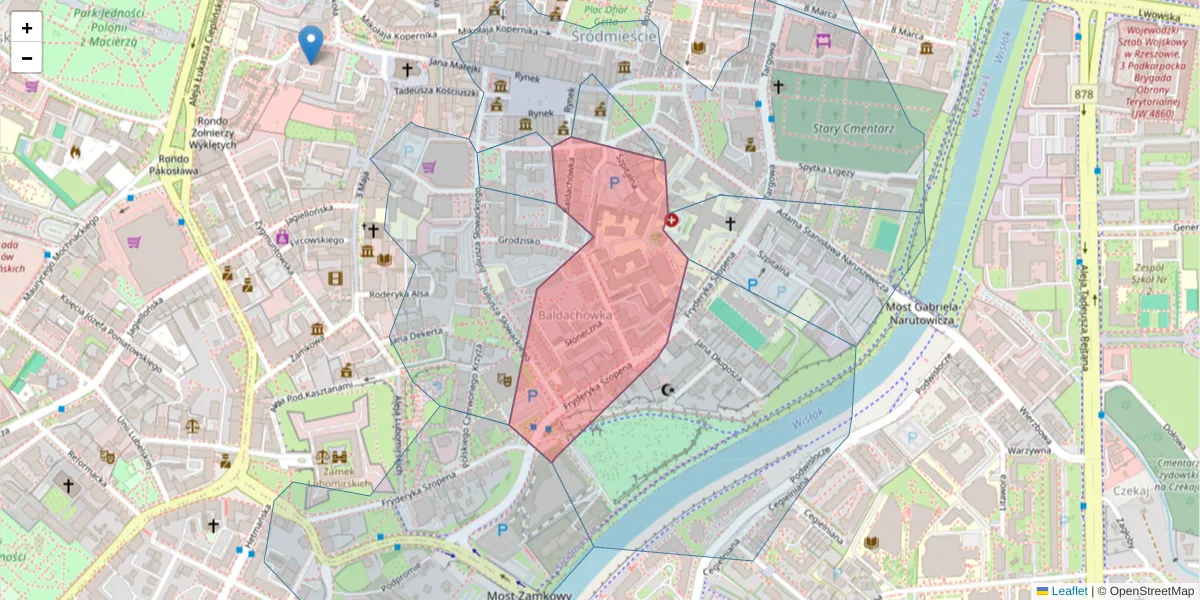 Szczegółowa mapa kodu pocztowego 35-061 z granicami, sąsiednimi kodami pocztowymi i urzędami pocztowymi