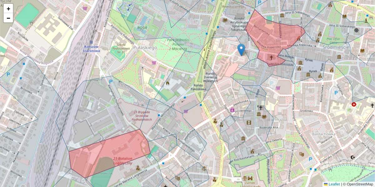 Szczegółowa mapa kodu pocztowego 35-069 z granicami, sąsiednimi kodami pocztowymi i urzędami pocztowymi