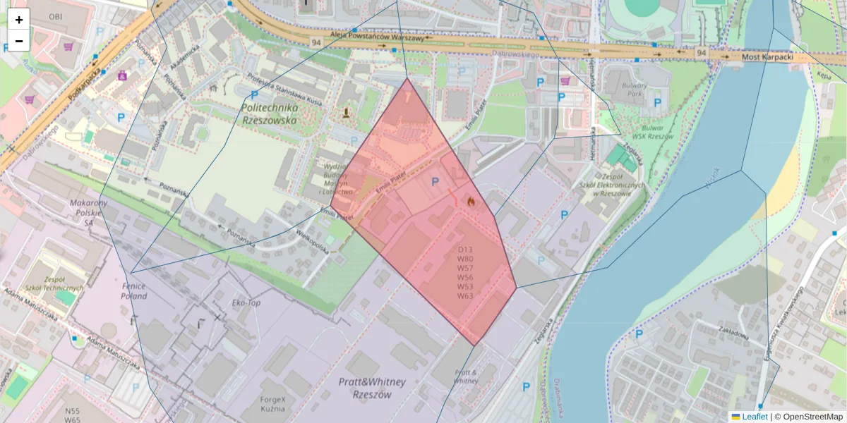 Szczegółowa mapa kodu pocztowego 35-079 z granicami, sąsiednimi kodami pocztowymi i urzędami pocztowymi