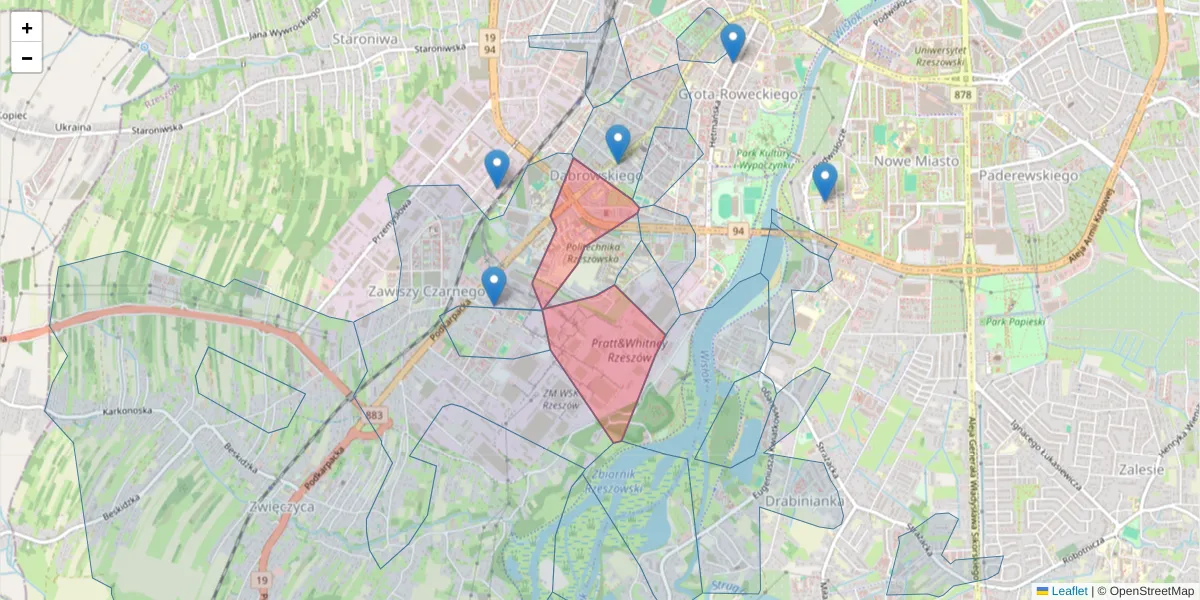 Szczegółowa mapa kodu pocztowego 35-084 z granicami, sąsiednimi kodami pocztowymi i urzędami pocztowymi