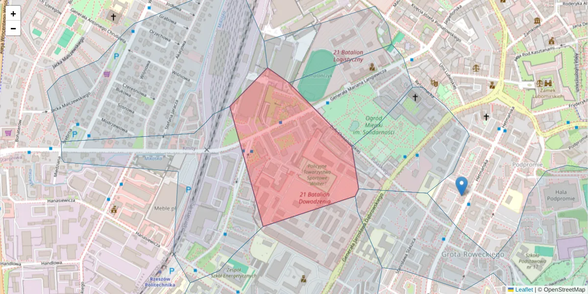 Szczegółowa mapa kodu pocztowego 35-085 z granicami, sąsiednimi kodami pocztowymi i urzędami pocztowymi