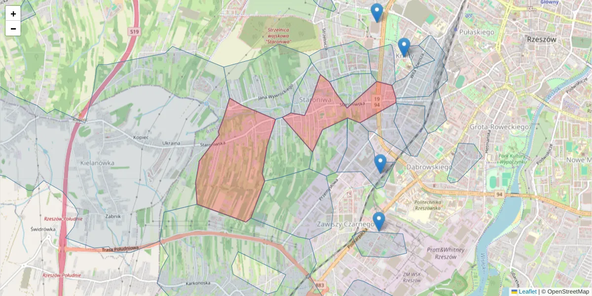 Szczegółowa mapa kodu pocztowego 35-101 z granicami, sąsiednimi kodami pocztowymi i urzędami pocztowymi