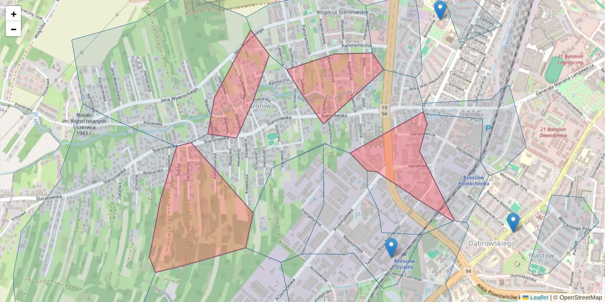 Szczegółowa mapa kodu pocztowego 35-103 z granicami, sąsiednimi kodami pocztowymi i urzędami pocztowymi