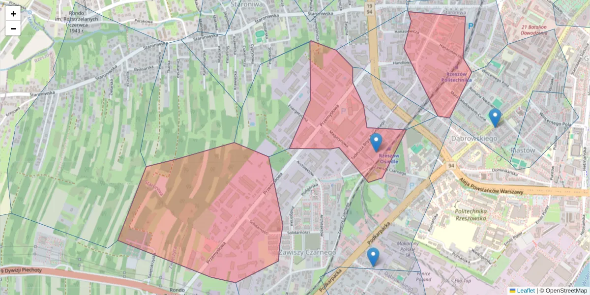 Szczegółowa mapa kodu pocztowego 35-105 z granicami, sąsiednimi kodami pocztowymi i urzędami pocztowymi