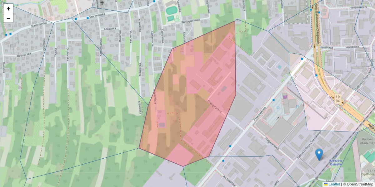 Szczegółowa mapa kodu pocztowego 35-107 z granicami, sąsiednimi kodami pocztowymi i urzędami pocztowymi