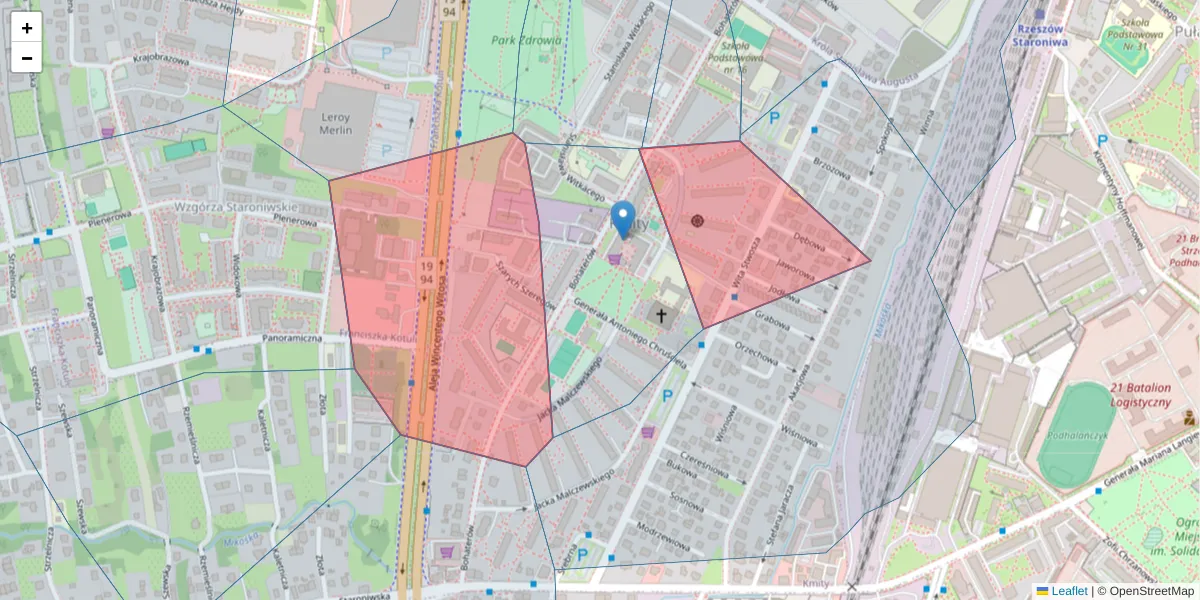 Szczegółowa mapa kodu pocztowego 35-114 z granicami, sąsiednimi kodami pocztowymi i urzędami pocztowymi