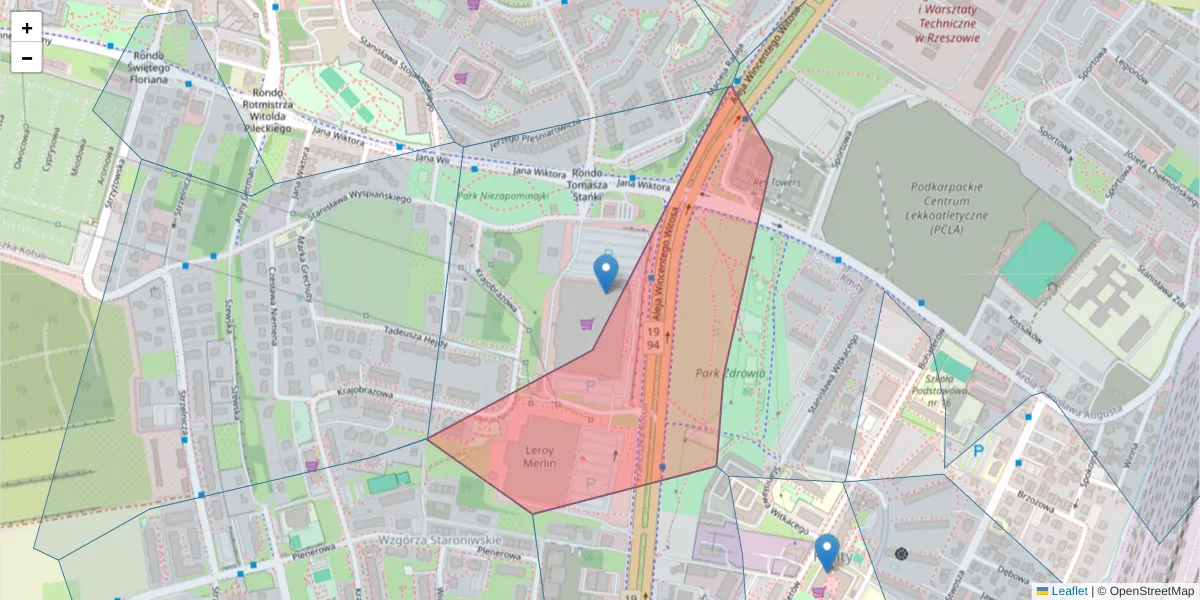 Szczegółowa mapa kodu pocztowego 35-115 z granicami, sąsiednimi kodami pocztowymi i urzędami pocztowymi