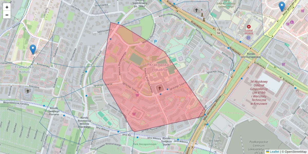 Szczegółowa mapa kodu pocztowego 35-118 z granicami, sąsiednimi kodami pocztowymi i urzędami pocztowymi