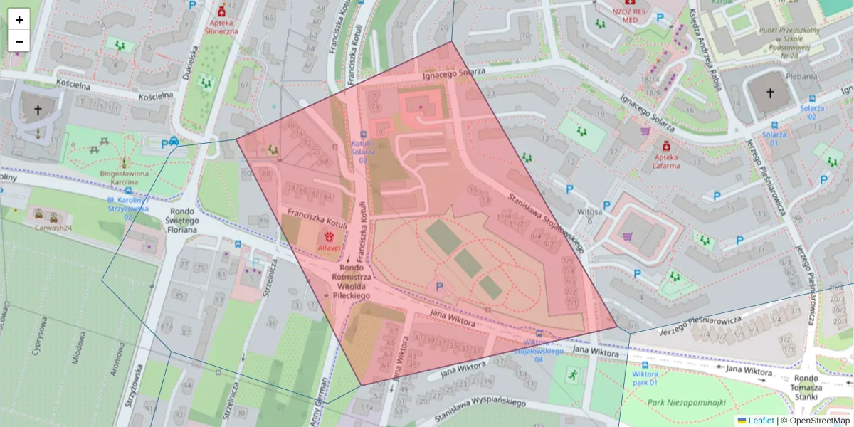 Szczegółowa mapa kodu pocztowego 35-122 z granicami, sąsiednimi kodami pocztowymi i urzędami pocztowymi