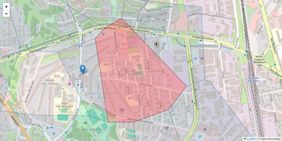 Szczegółowa mapa kodu pocztowego 35-207 z granicami, sąsiednimi kodami pocztowymi i urzędami pocztowymi