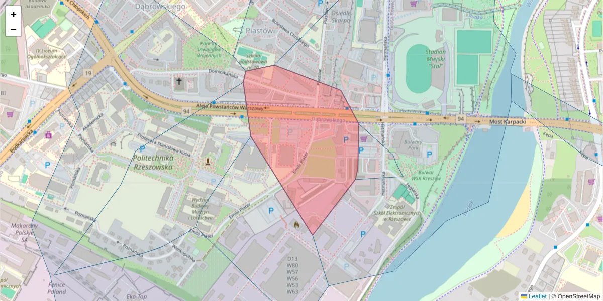 Szczegółowa mapa kodu pocztowego 35-208 z granicami, sąsiednimi kodami pocztowymi i urzędami pocztowymi