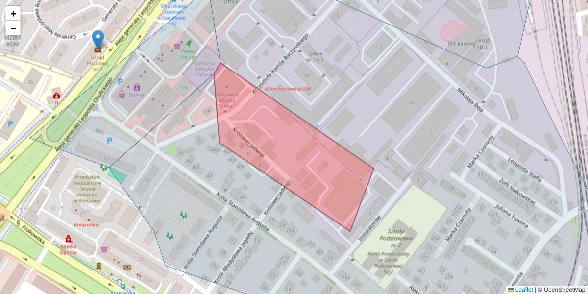 Szczegółowa mapa kodu pocztowego 35-211 z granicami, sąsiednimi kodami pocztowymi i urzędami pocztowymi
