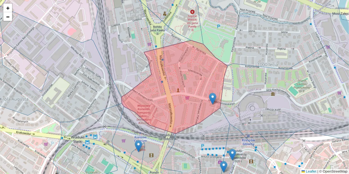 Szczegółowa mapa kodu pocztowego 35-215 z granicami, sąsiednimi kodami pocztowymi i urzędami pocztowymi
