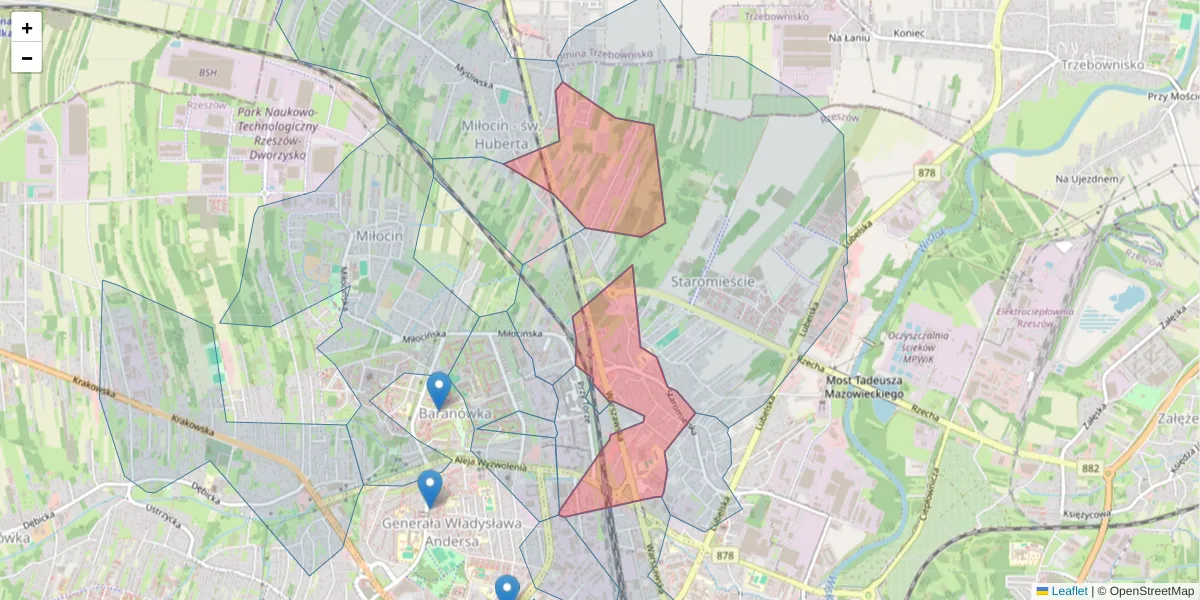 Szczegółowa mapa kodu pocztowego 35-230 z granicami, sąsiednimi kodami pocztowymi i urzędami pocztowymi