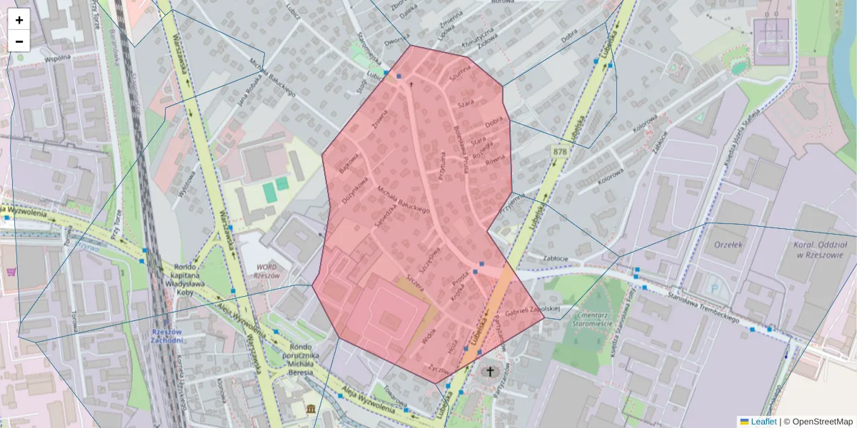 Szczegółowa mapa kodu pocztowego 35-231 z granicami, sąsiednimi kodami pocztowymi i urzędami pocztowymi