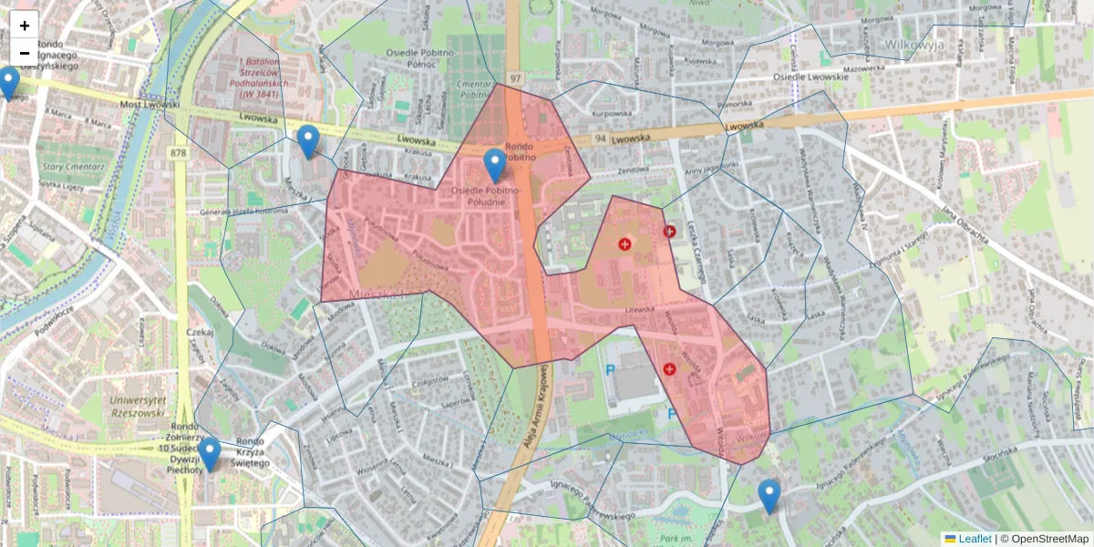 Szczegółowa mapa kodu pocztowego 35-302 z granicami, sąsiednimi kodami pocztowymi i urzędami pocztowymi