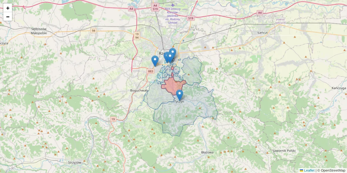 Szczegółowa mapa kodu pocztowego 35-304 z granicami, sąsiednimi kodami pocztowymi i urzędami pocztowymi